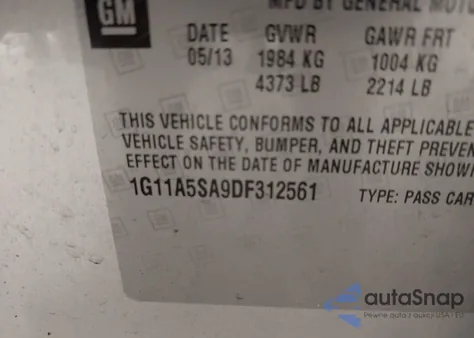 2013 Chevrolet Malibu 1Fl из США, поврежденный, VIN 1G11A5SA9DF312561